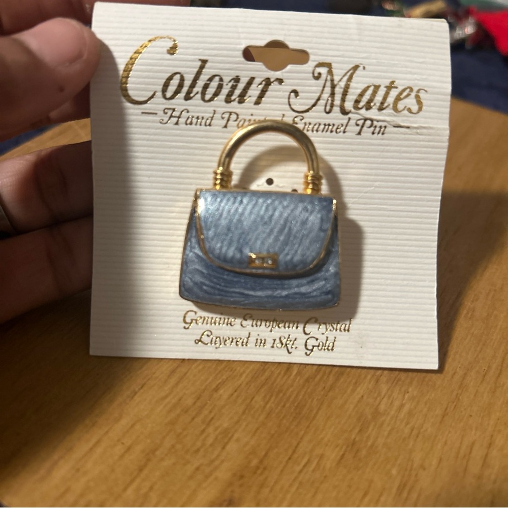 Blue Handbag Brooch with Gold Accents
